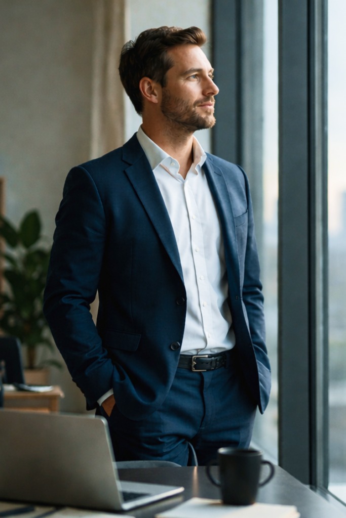 Executive analyzing strategy by the window